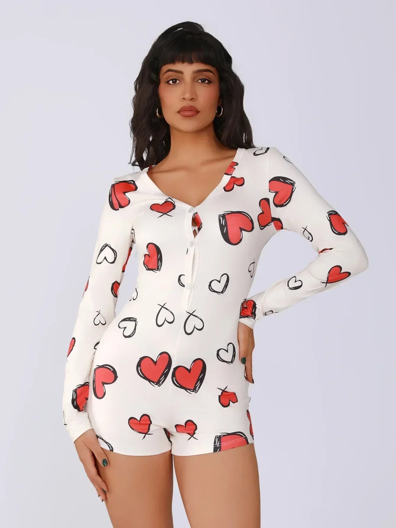 Combinaison une pièce pour femme, pyjama sexy pour fille, imprimé numérique cœur, ensemble manches courtes, short, vêtement d'intérieur