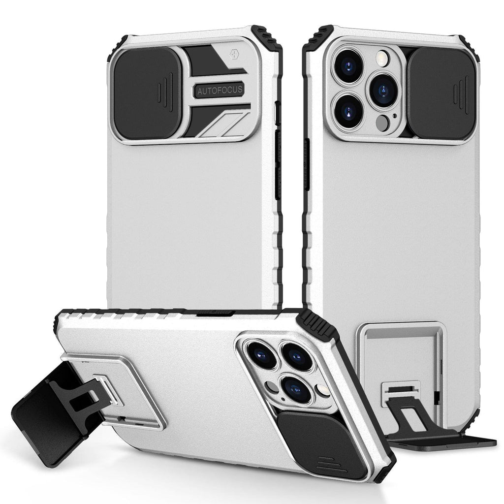 Étui antichoc bleu avec support réglable pour iPhone 14 13 12 11 Pro Max, avec protection coulissante pour appareil photo et béquille, protection antichoc, design moderne pour iPhone