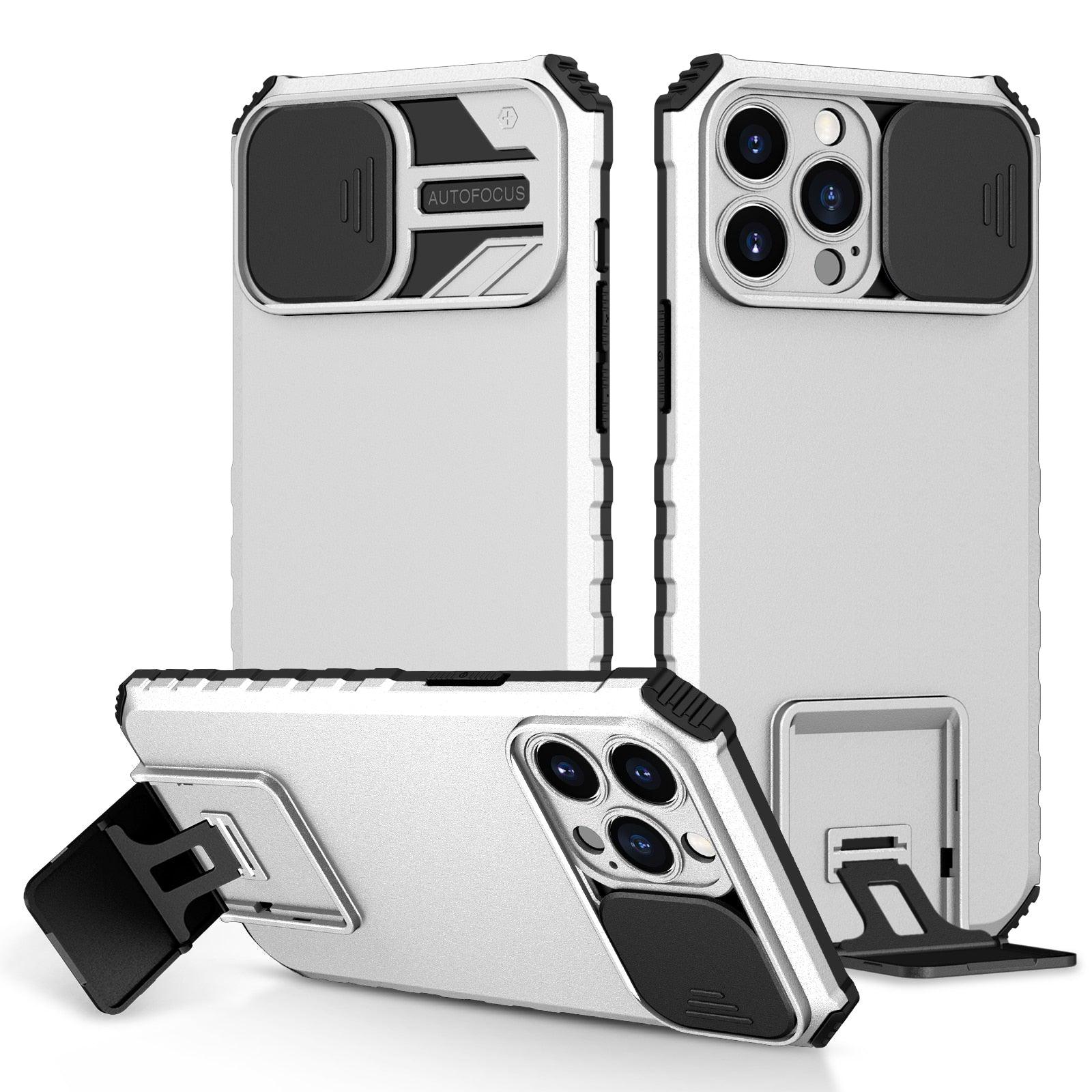 Étui antichoc bleu avec support réglable pour iPhone 14 13 12 11 Pro Max, avec protection coulissante pour appareil photo et béquille, protection antichoc, design moderne pour iPhone
