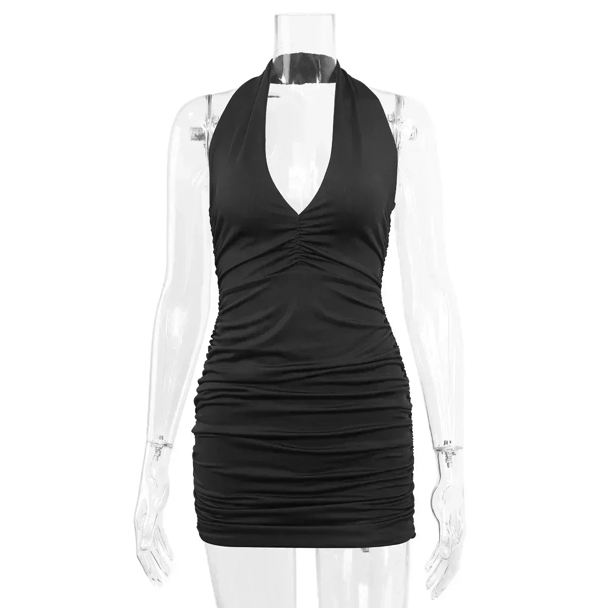 Robe courte sexy à col en V profond pour soirée, sans manches, dos nu, été 2024, blanche, licou, robe moulante pour femme, mini robe de club, tenue de club.