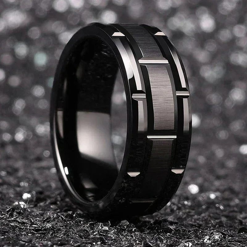 Bague Homme 8MM Acier Inoxydable Couleur Noire Brossée Double Rainure Bague de Mariage pour Hommes Bijoux de Fête pour Femmes Cadeau