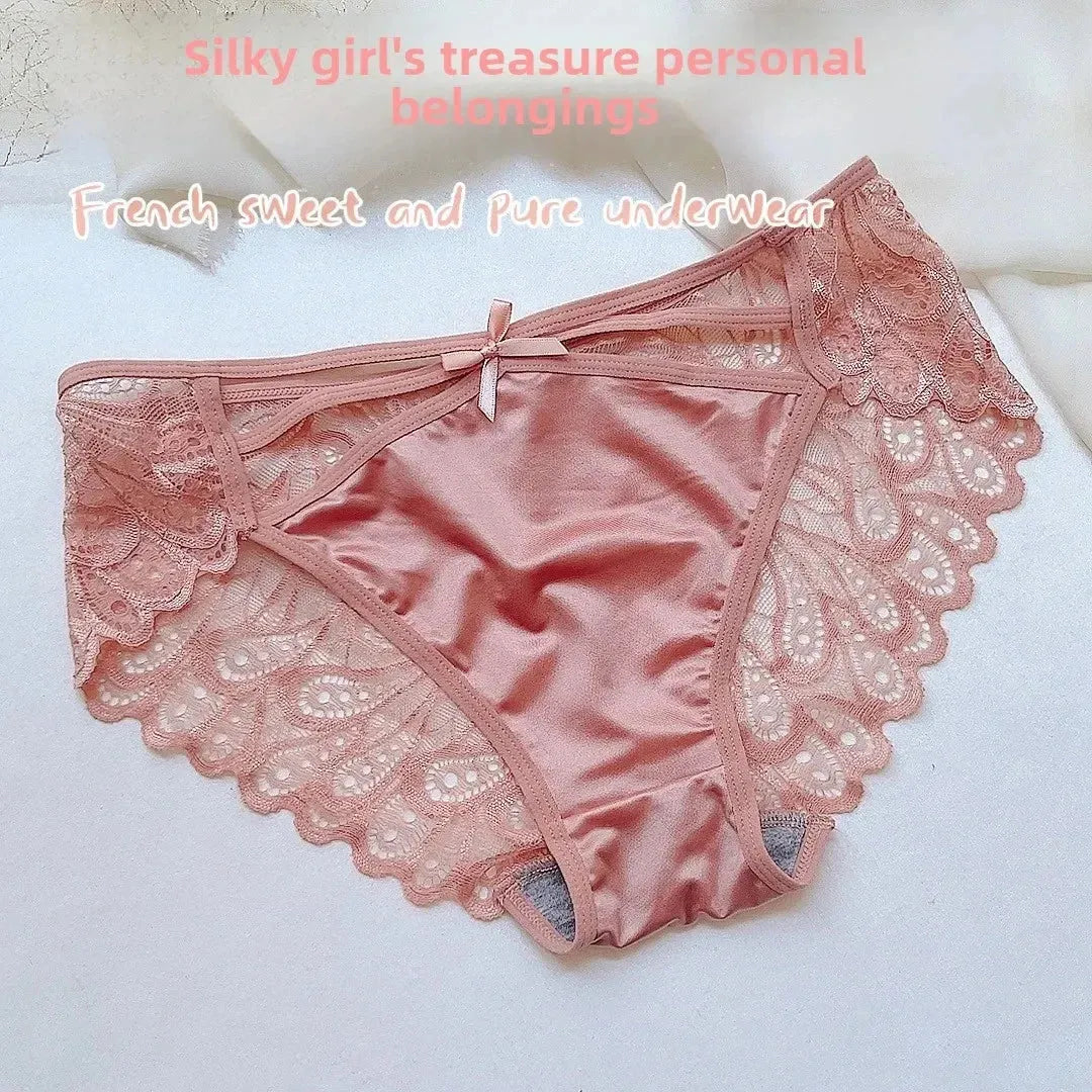 Short en soie grande taille pour femme, sexy, en dentelle évidée, respirant, culotte en satin