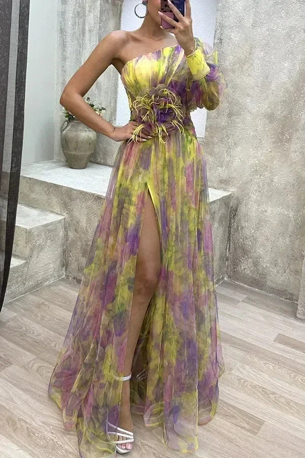 Robe longue en maille fendue haute à glissière asymétrique à épaule dénudée pour femme, robe de soirée à fleurs décoratives