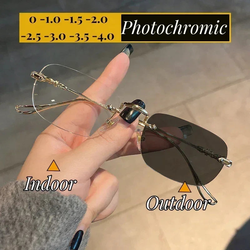 Nouvelles Lunettes de Myopie Photochromiques Tendance Vintage Sans Monture Carrées Femme Homme Anti Lumière Bleue UV Lunettes de Soleil Optiques Dioptre