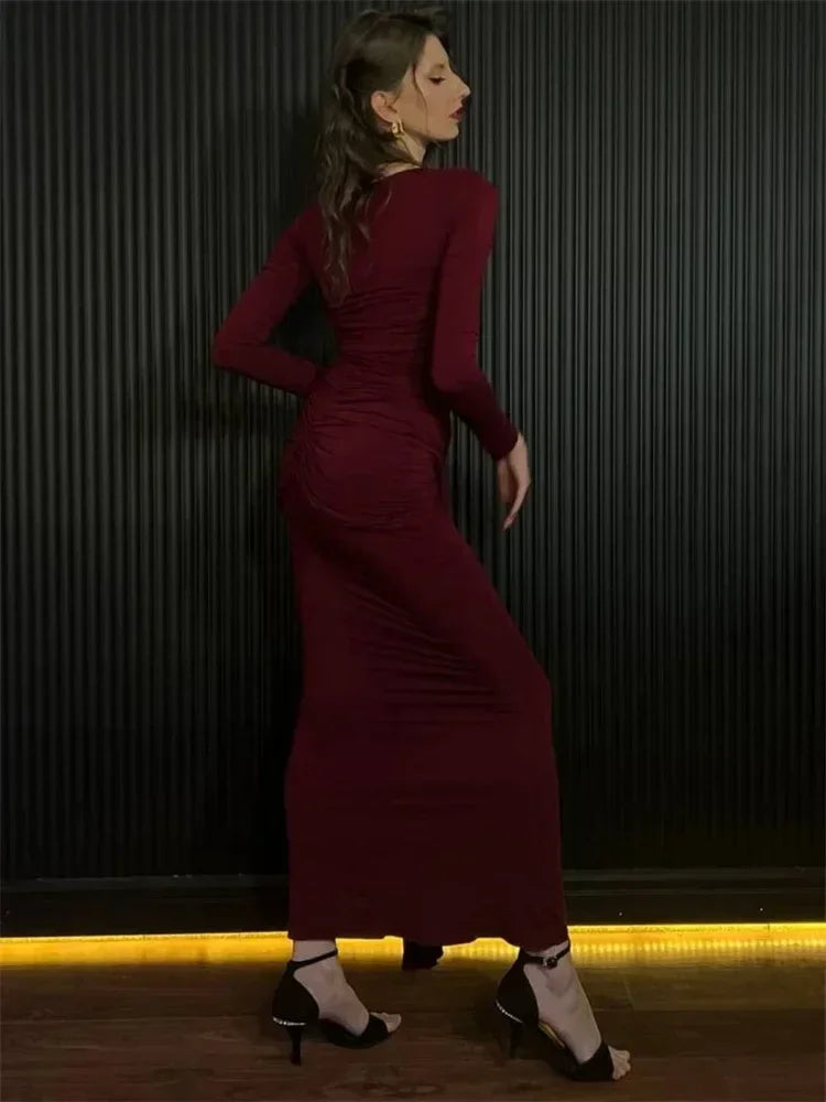 Robe longue plissée sexy pour femme Y2K, robe moulante de rue d'automne, robe patchwork torsadée à manches longues unies pour femme