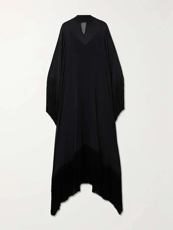 Yeezzi 2025 Nouvelle Mode Printemps Robes de Soirée Transparentes à Franges Femme Manches Chauve-Souris Couleur Unie Col Montant Ensemble Deux Pièces Robe