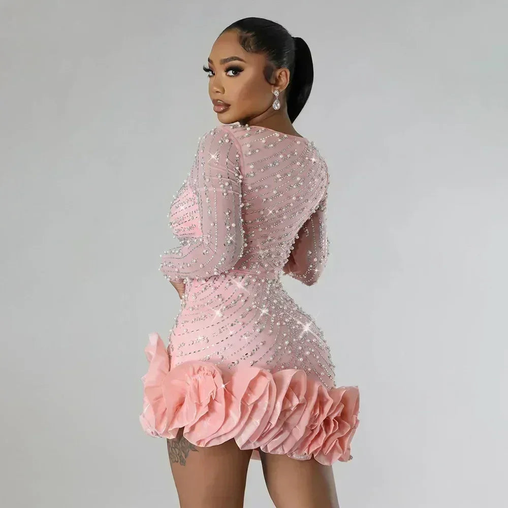 Robes de soirée 2025 Perles Diamants Manches Longues Volants pour femmes Robe de bal brillante élégante pour invitée de mariage Occasion Célébration Anniversaire