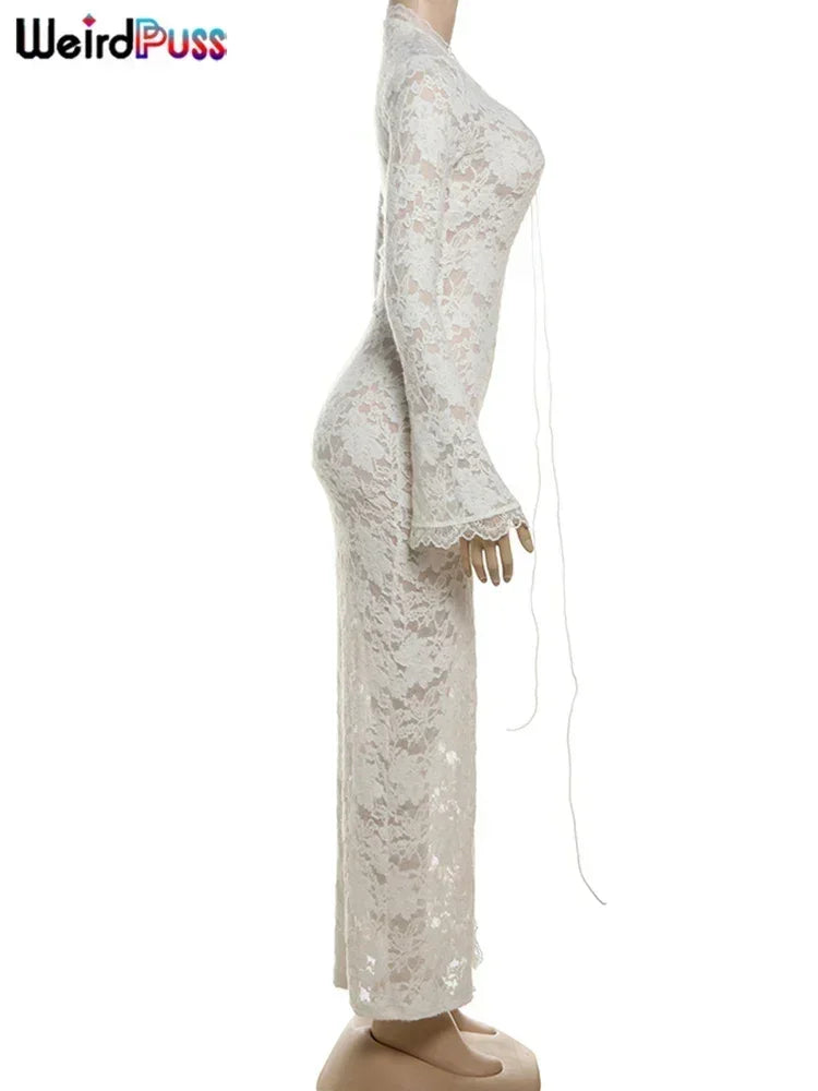 Weird Puss Broderie Volants Robe Femmes Sexy Col V Profond Fentes Transparent Uni Gland Poignets Pétale Street Élégance Vestidos