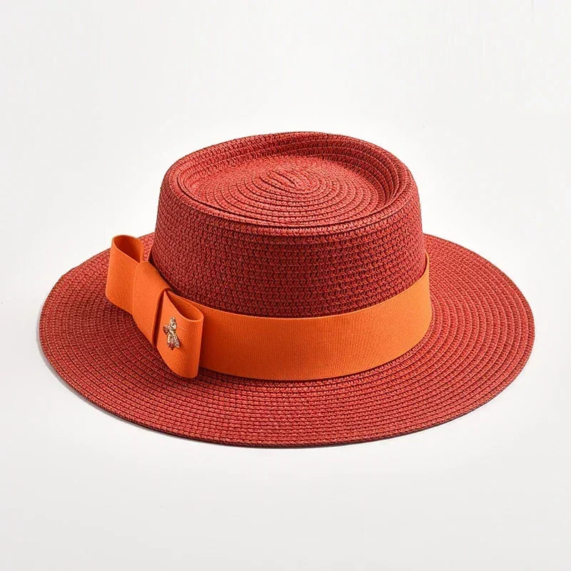 NOUVEAUX Chapeaux de paille Printemps Été pour femmes Surface ronde bosselée Dessus plat Nœud Papillon Robe Casquette Voyage Plage Soleil Chapeau Gorra