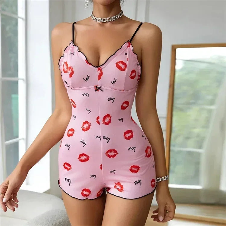 Pyjama une pièce pour femme, pyjama à lèvres rouges imprimées, sans manches, barboteuse courte, pyjama amusant pour adultes, col en V, bretelles, body