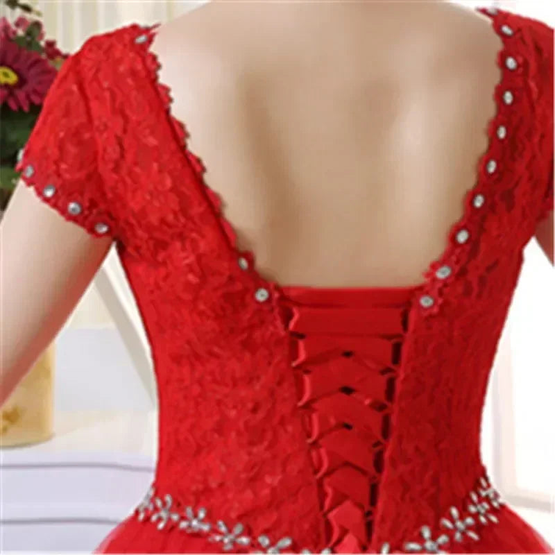 Robe de mariée grande taille, photo réelle, rouge, blanche pure, dentelle, col rond, paillettes, robes de mariée pas cher, robes de princesse, HS587