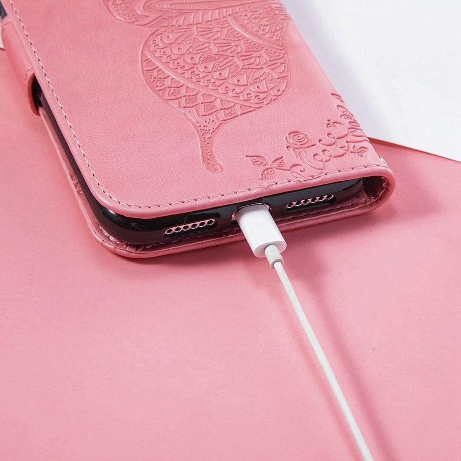 Étui Portefeuille de Luxe Rose Papillon Fleur pour iPhone 14 Pro Max 13 12 Classique Simple Cuir avec Porte-Cartes Béquille Dragonne Rabat pour iPhone