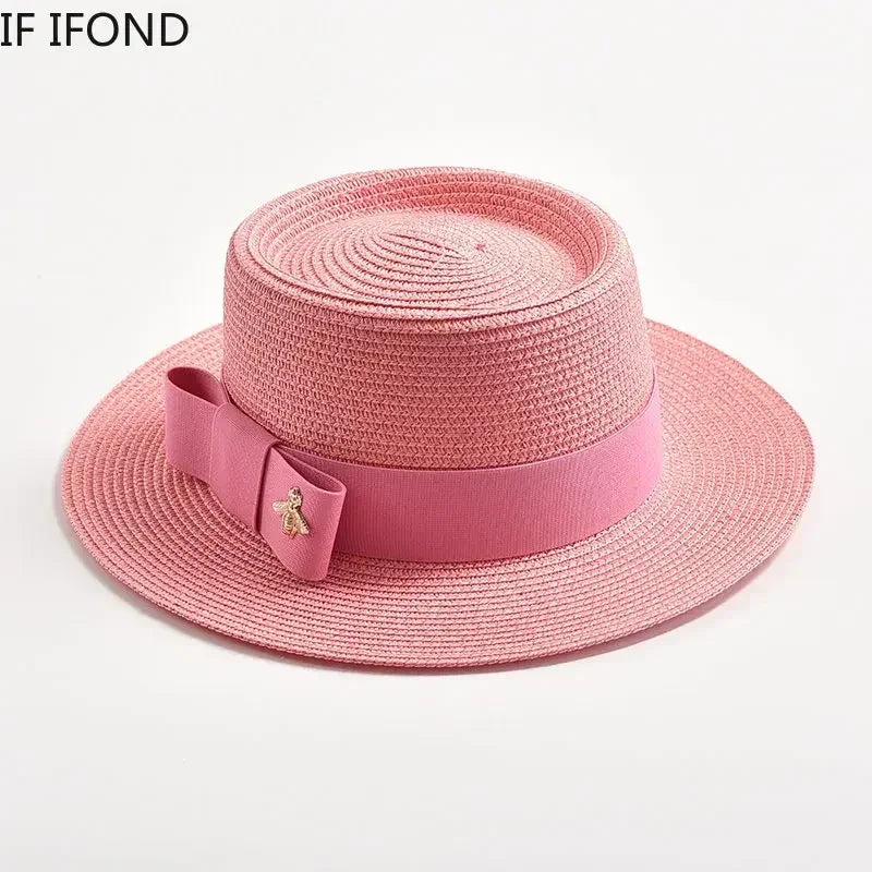 NOUVEAUX Chapeaux de paille Printemps Été pour femmes Surface ronde bosselée Dessus plat Nœud Papillon Robe Casquette Voyage Plage Soleil Chapeau Gorra