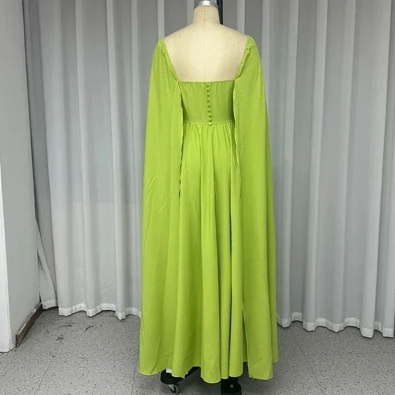 Wefads Robe longue maxi Femme Élégante Mode Unie Cape Manches longues Col carré Taille cintrée Dos nu Robe de soirée Streetwear
