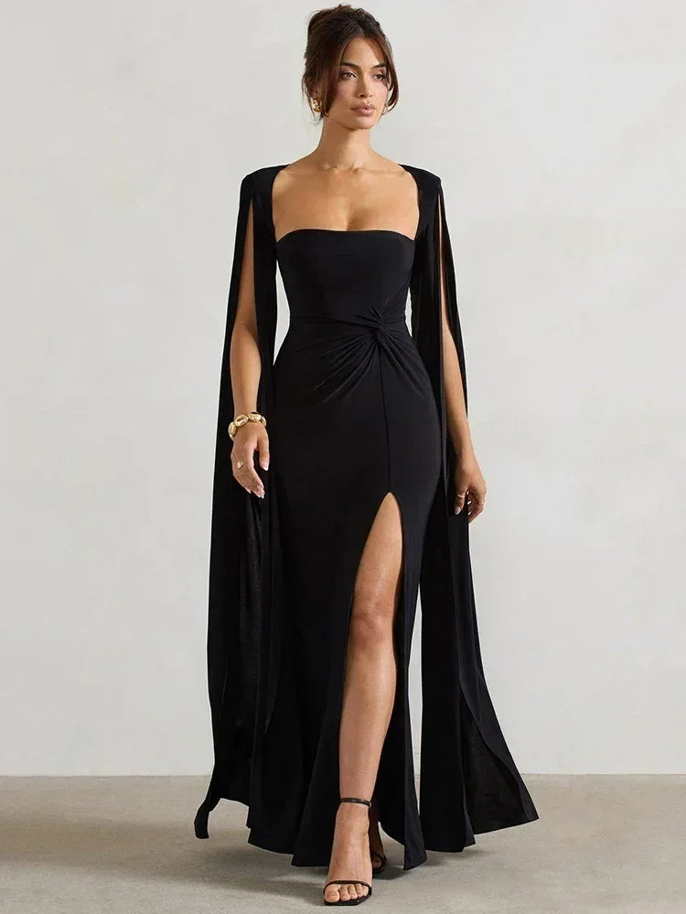 Mozision Robe longue fendue à manches cape pour femme, élégante robe de soirée longue à col carré, couleur unie, nouvelle collection