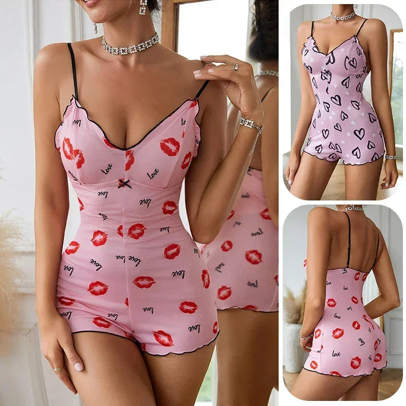 Pyjama une pièce pour femme, pyjama à lèvres rouges imprimées, sans manches, barboteuse courte, pyjama amusant pour adultes, col en V, bretelles, body