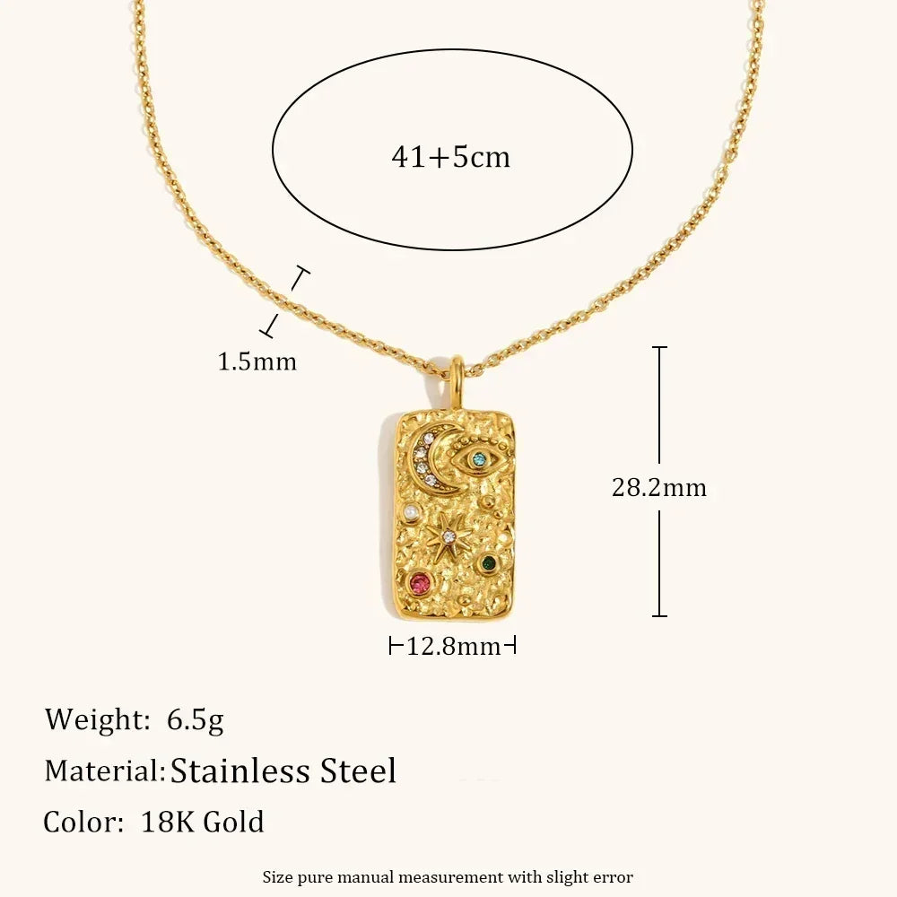 La. Muses Collier luxe rétro en acier inoxydable avec pendentif étoile lune en zircon cubique coloré, étanche