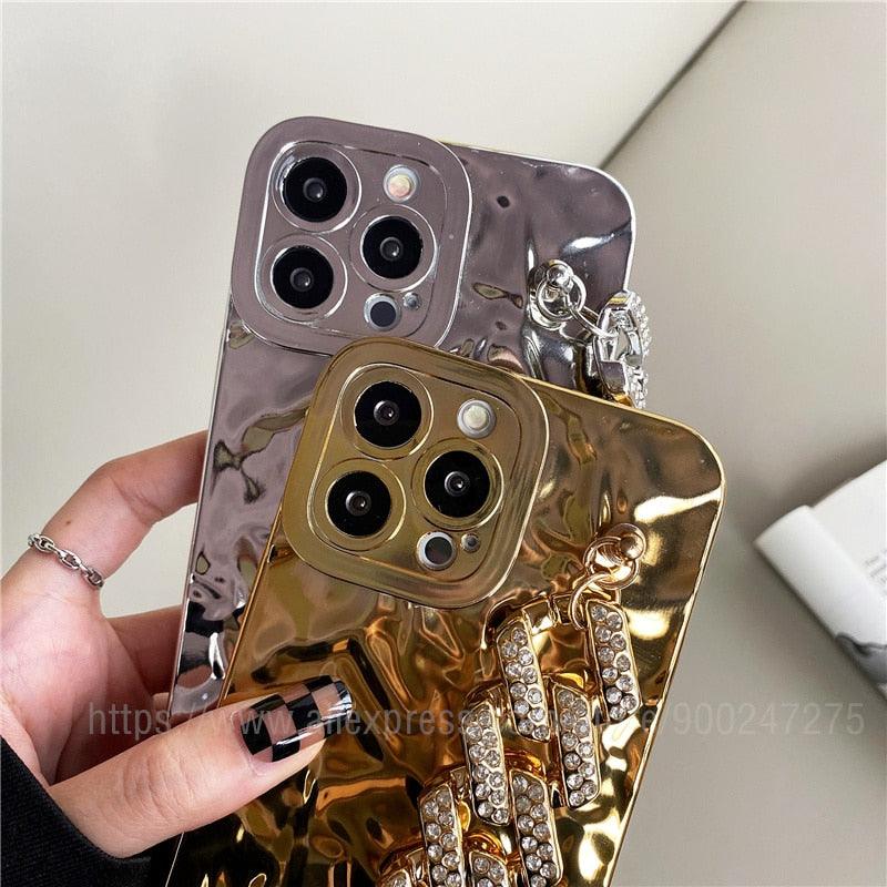Bracelet Électroplaqué Plaqué Or de Luxe Compatible avec Coque iPhone Diamant Mignonne Étincelante de Luxe Paillettes Strass Coque Téléphone Pour iPhone 14 13 Promax 11 12 Pro Max Mini Xs Max XR 8 7 Plus Housse Miroir