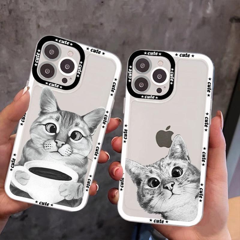 Coque de téléphone mignonne de chat pour iPhone 11 12 13 Mini Pro Max 14 Pro Max Étui coque de téléphone imprimable vierge en caoutchouc souple poli et cool