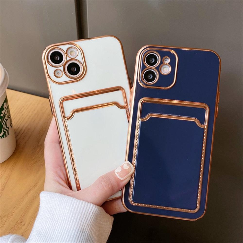 Étui de luxe plaqué en silicone avec porte-cartes pour iPhone 14 12 13 Pro Max Élégant pour femme Étui portefeuille souple antichoc Bords souples Magnifique étui pour smartphone brillant pour femme