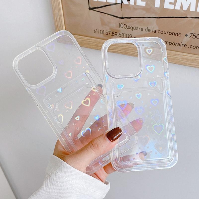 Coques de téléphone transparentes avec motif cœur mignon pour iPhone 13 14 Pro Max Simple Luxueux Amour Dégradé Silicone Étui Portefeuille Porte-Cartes Housse de protection antichoc