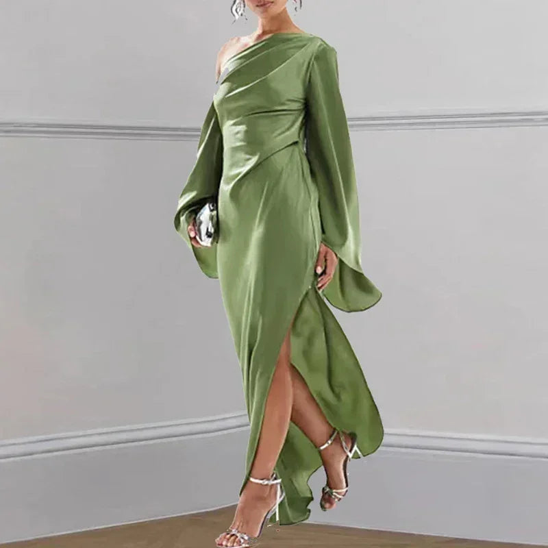 Robe sexy irrégulière unie à épaule oblique pour femme, robe longue élégante à col asymétrique sans dos, robes de soirée d'automne à manches évasées fendues