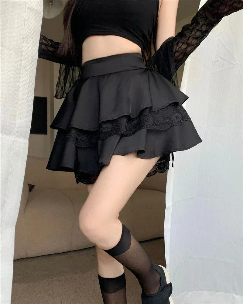 Mini-jupe Y2K Unie pour Femme, Taille Haute, Dentelle Patchwork, Robe de Bal, Mode, Volants, Jupe Féminine, Tout-assortie, Été