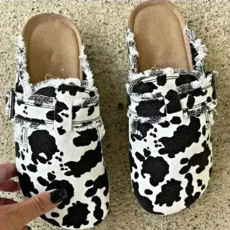 Sabots Vintage Femme Talon Plat Bout Rond Toile Mocassins