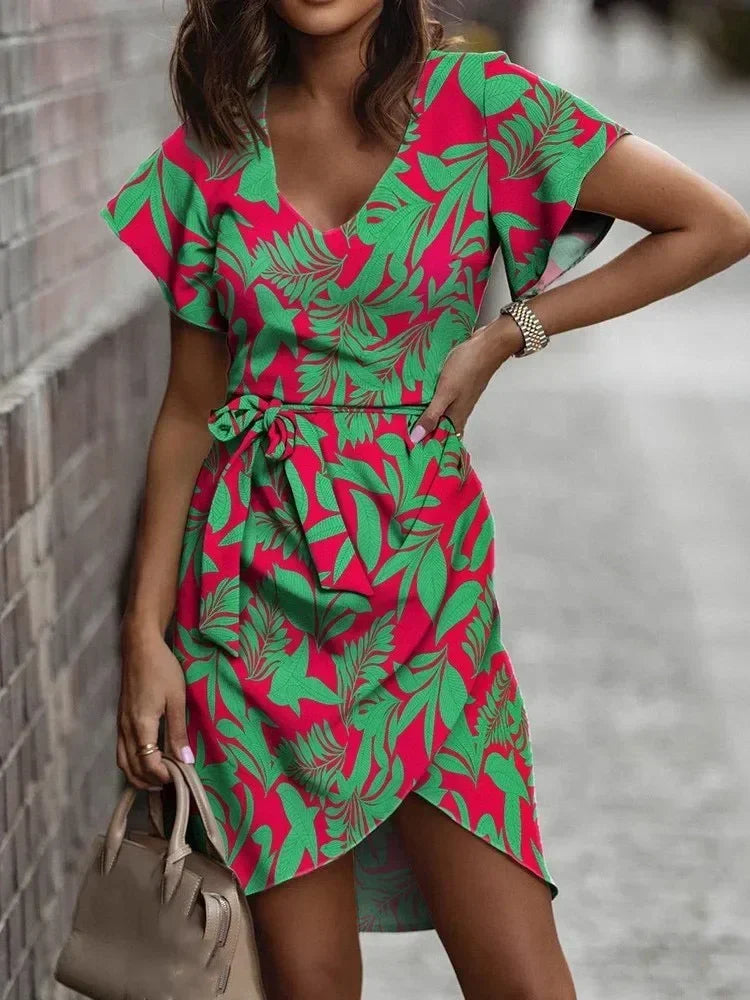 Robes d'été à col en V imprimées pour femmes, élégantes, pour le bureau, à la mode, à manches courtes, décontractées, pour la plage ou les fêtes.
