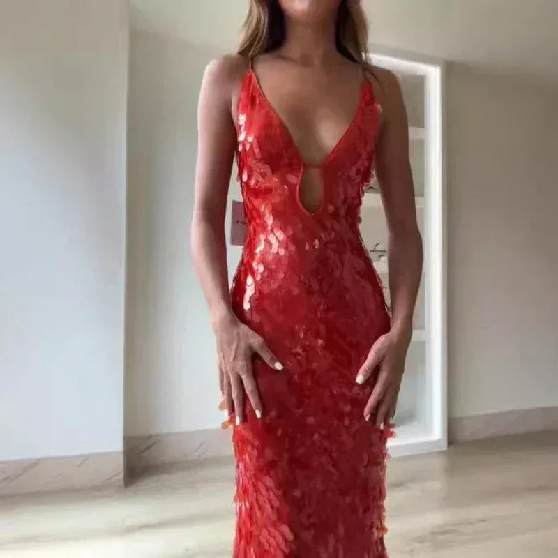Robes longues Maxi élégantes à paillettes sans manches pour femmes, Robe longue de soirée unie à col en V profond et mode