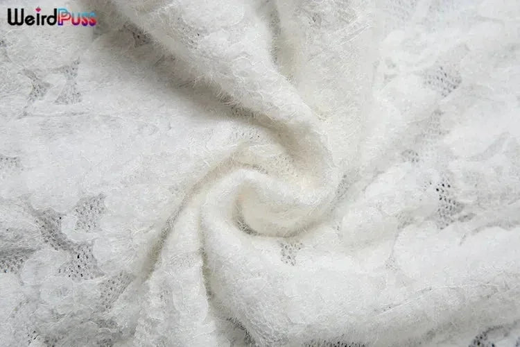 Weird Puss Broderie Volants Robe Femmes Sexy Col V Profond Fentes Transparent Uni Gland Poignets Pétale Street Élégance Vestidos