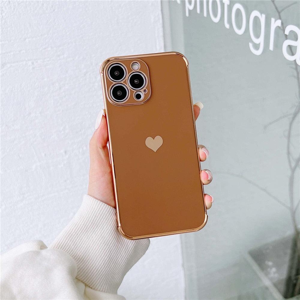 Étui de téléphone de luxe en silicone souple antichoc avec protection intégrale de l'objectif pour filles, étui de téléphone pour iPhone 14 13 12 Pro 12Mini, étui de téléphone antichoc élégant avec cœur d'amour pour femmes
