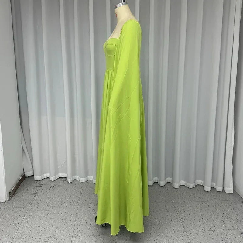 Wefads Robe longue maxi Femme Élégante Mode Unie Cape Manches longues Col carré Taille cintrée Dos nu Robe de soirée Streetwear
