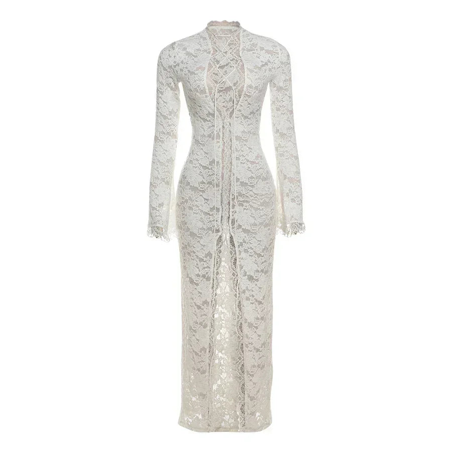 Weird Puss Broderie Volants Robe Femmes Sexy Col V Profond Fentes Transparent Uni Gland Poignets Pétale Street Élégance Vestidos