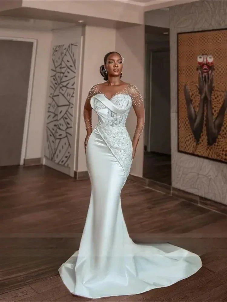 Robe de mariée africaine sirène ornée de perles de luxe, encolure dégagée transparente, manches longues, robes de fiançailles Aso Ebi, corset, vestido de novia