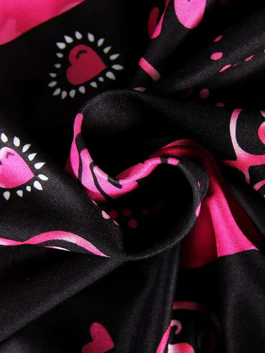 Combinaison moulante pour femme à manches longues, col en V, imprimé cœurs et lèvres, boutonnée, courte, vêtement de nuit d'intérieur pour la Saint-Valentin