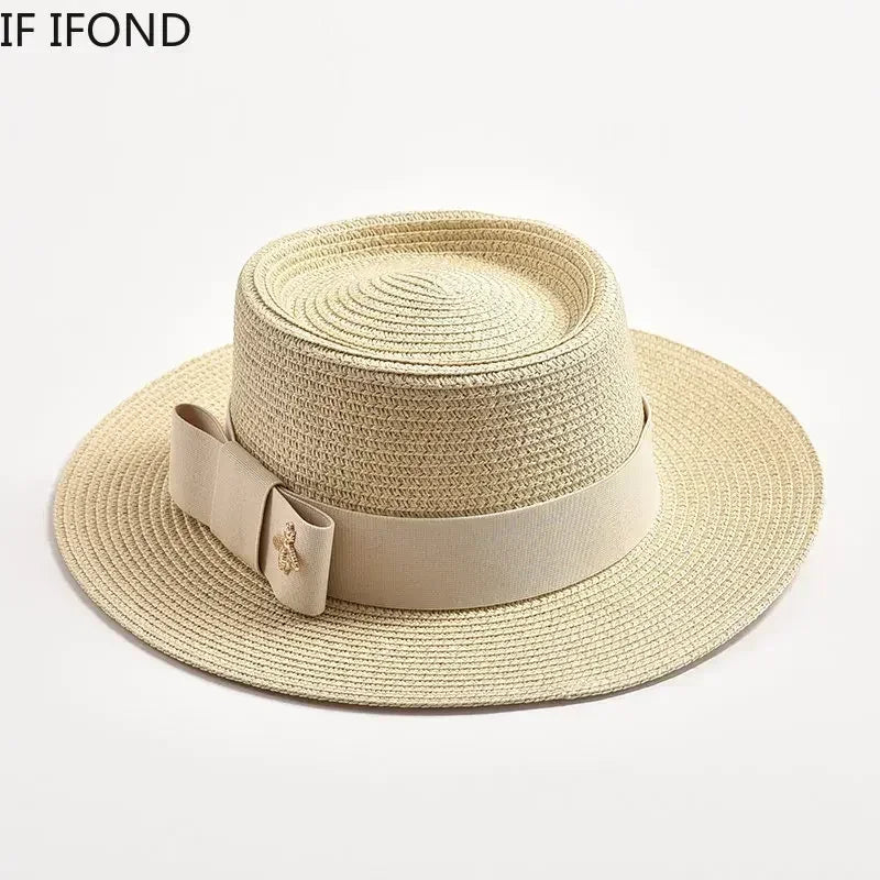 NOUVEAUX Chapeaux de paille Printemps Été pour femmes Surface ronde bosselée Dessus plat Nœud Papillon Robe Casquette Voyage Plage Soleil Chapeau Gorra