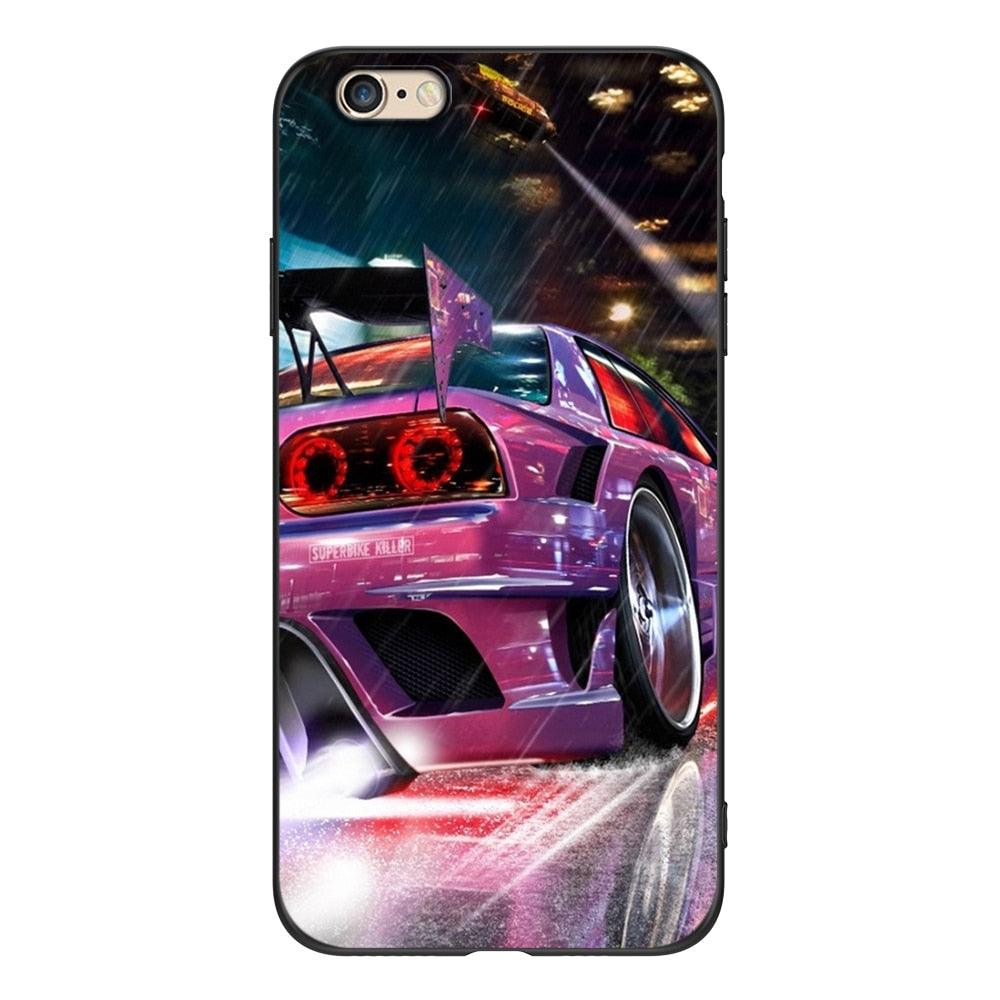 Jolie Coque Souple en Silicone Imprimé Voitures Étui de Téléphone pour iPhone 5s 5 S SE 2016 4.0" Housse de Téléphone pour iPhone 6s 6 S Plus Funda Pare-chocs Noir Étui Voiture de Course Sportive