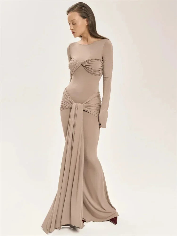 Robe longue plissée sexy pour femme Y2K, robe moulante de rue d'automne, robe patchwork torsadée à manches longues unies pour femme