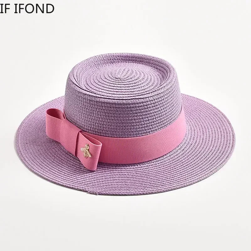 NOUVEAUX Chapeaux de paille Printemps Été pour femmes Surface ronde bosselée Dessus plat Nœud Papillon Robe Casquette Voyage Plage Soleil Chapeau Gorra
