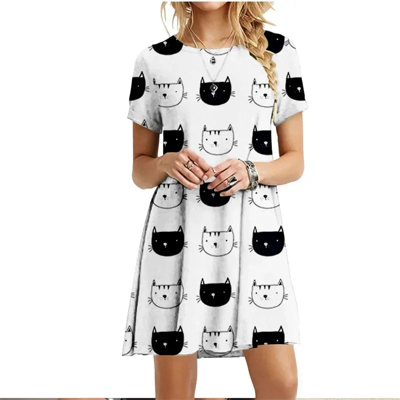 Robe imprimée chats peints, manches courtes, style kawaii pour femme, collection été 2022, col rond, décontractée, ample