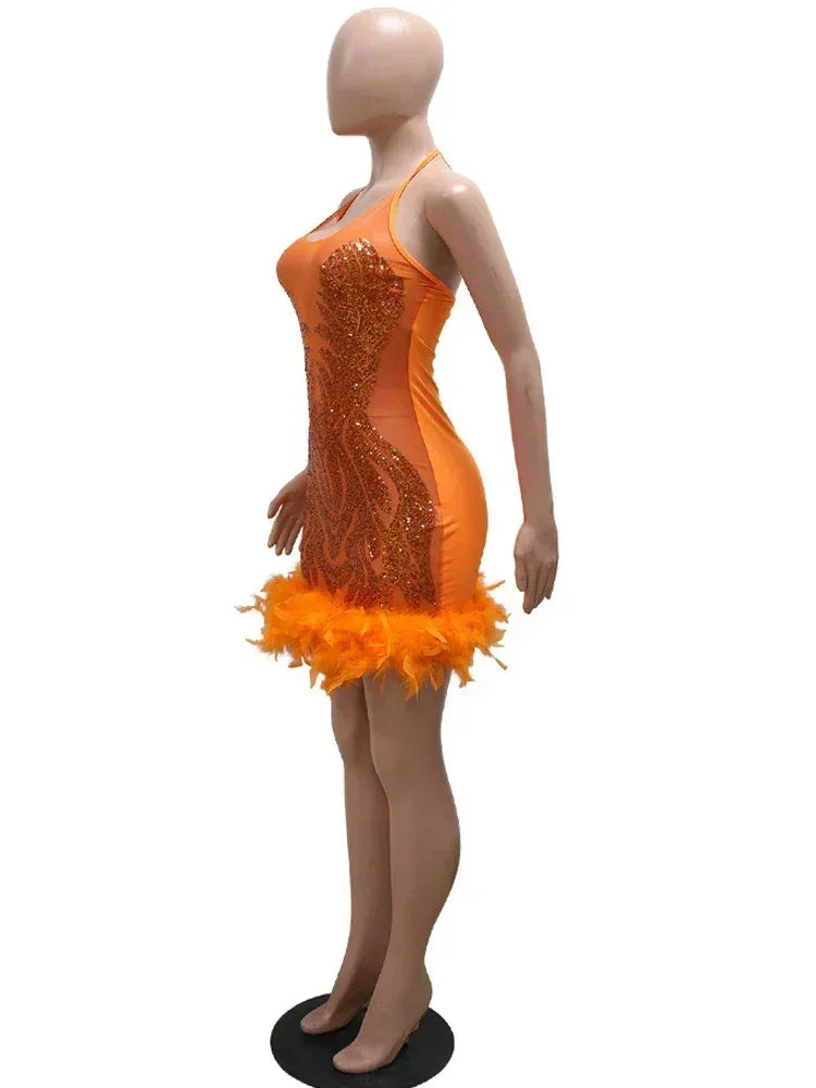 Beyprern Belle robe Glamour en maille à sequins et plumes, robe de soirée de luxe scintillante sans manches pour femme, tenues d'anniversaire