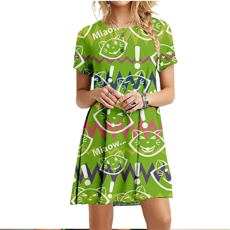 Robe imprimée chats peints, manches courtes, style kawaii pour femme, collection été 2022, col rond, décontractée, ample