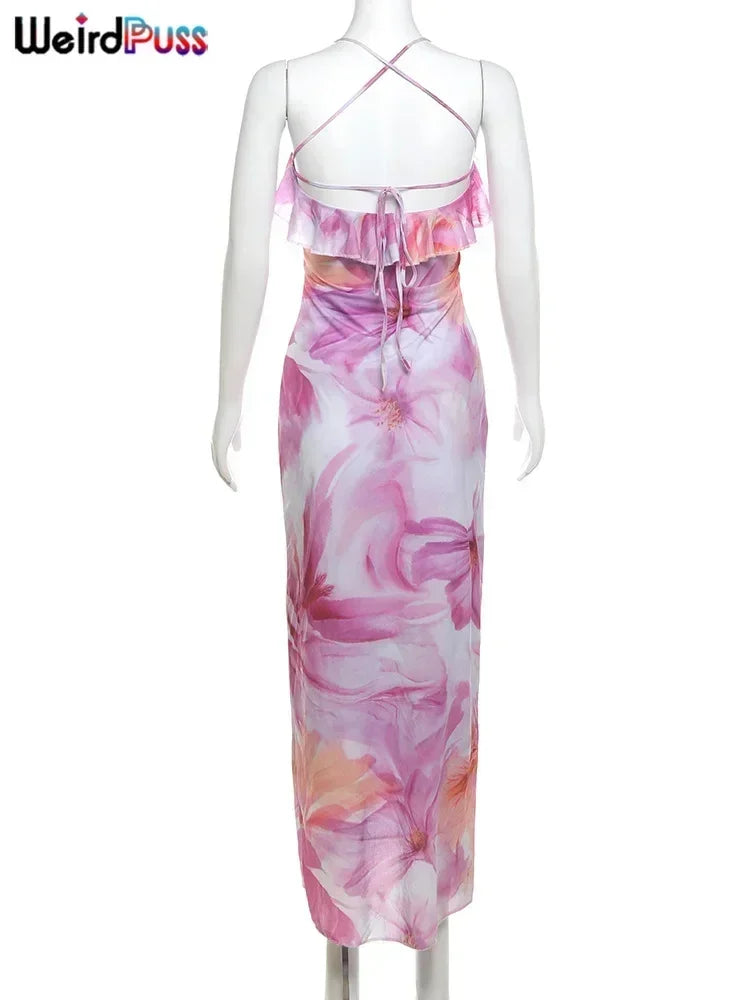 Robe Femme Weird Puss à Imprimé Floral Été Sans Bretelles Fentes Irrégulières Pompons Patchwork Dos Nu Bandage Fête Moulante Vestidos