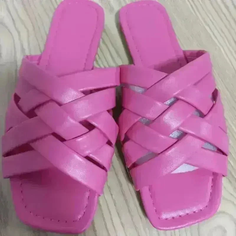Pantoufles Plates en Cuir Décontractées pour Femme pour l'Été, Extérieur, Bleu/Rose/Beige