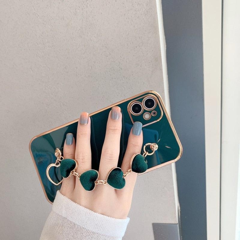 Coque de luxe en silicone pour femme avec bracelet chaîne pour iPhone, coque bracelet pour iPhone 13 12 11 Pro Max, coques avec chaîne en cœur pour iPhone 7 8 Plus XR XS Max X