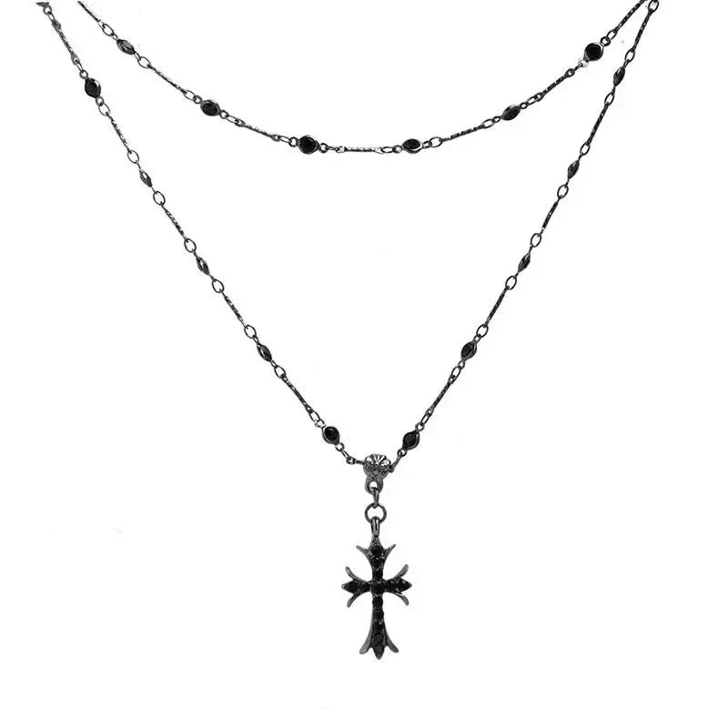 Collier ras du cou Femme Été Noir Strass Croix Jésus Pendentif Punk Vintage Double Couches Chaîne 2024 Collier Bohème Bijoux