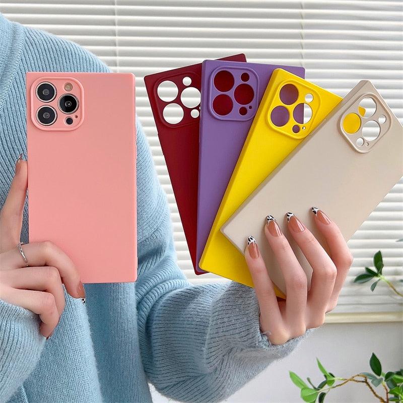 Coque de téléphone en silicone souple carrée couleur bonbon à la mode pour iPhone 13 11 12 Pro Max Coque antichoc Coque de protection pour appareil photo en silicone ultra-fine et légère, compatible avec iPhone