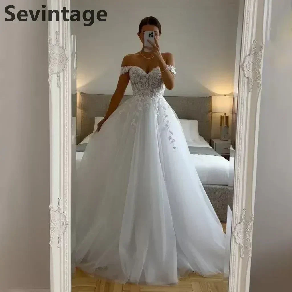 Robe de mariée princesse Sevintage 2025 avec appliqués en dentelle, coupe trapèze, épaules dénudées, vestidos de novia personnalisés