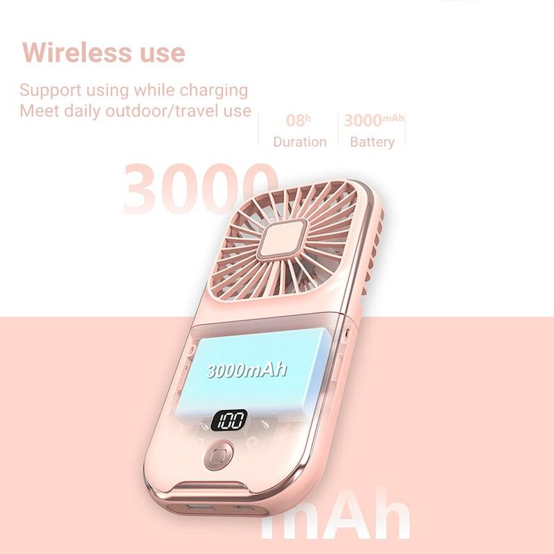 Mini Ventilateur Portable d'Extérieur, Ventilateur de Cou Suspendu, Rechargeable USB, Alimenté par Batterie 3000 mAh, Ventilateur de Table Sans Fil Pliable à 180°, 4 Vitesses Réglables, Ventilateur de Poche Portable pour Bureau, Extérieur, Voyage